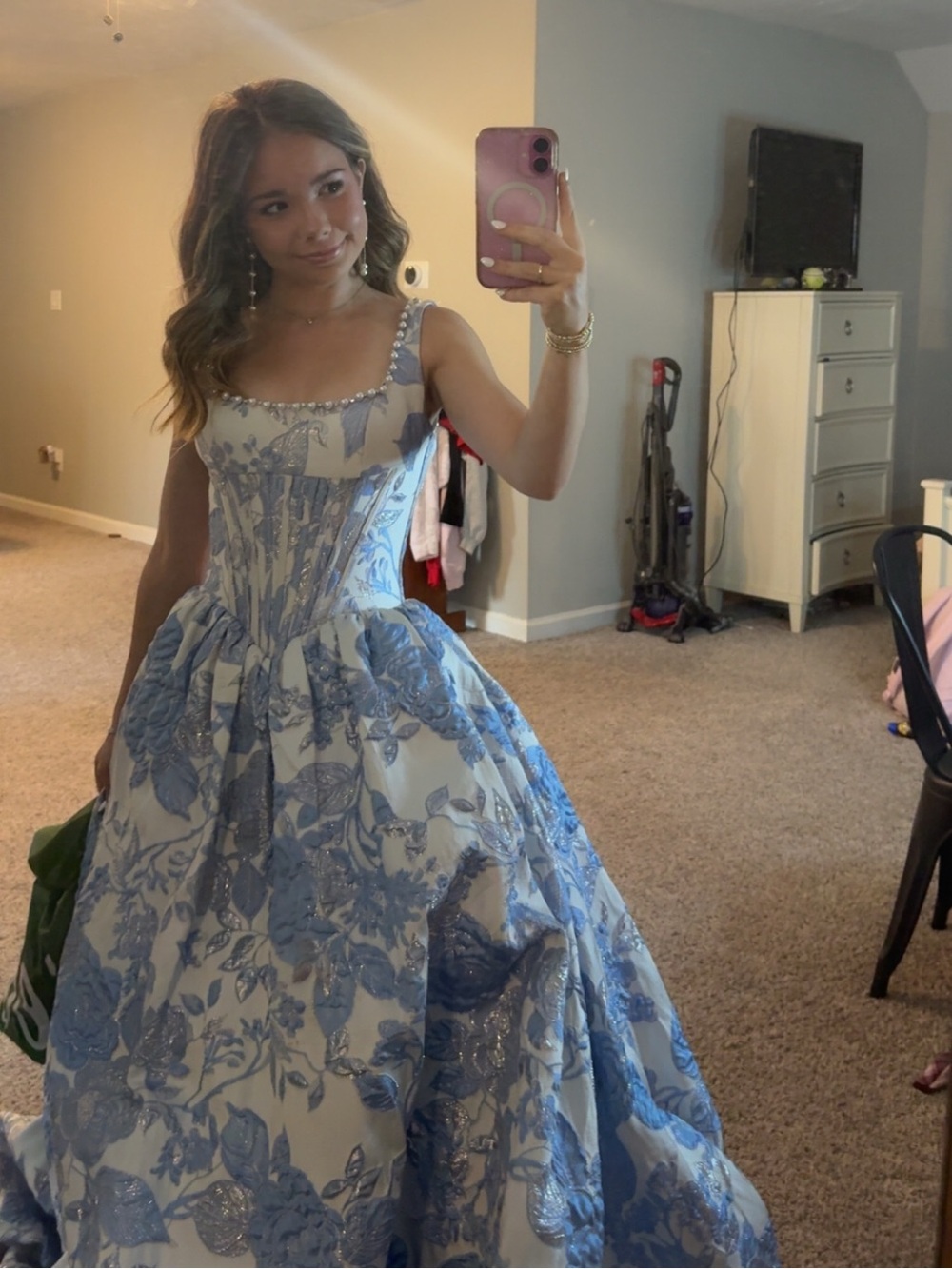 Sherri Hill Blue and White Floral Prom Dress - Picture 1 of 5